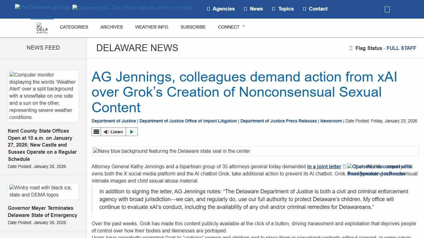 AG Jennings, colleagues demand action from xAI over Grok’s Creation of Nonconsensual Sexual Content - State of Delaware News