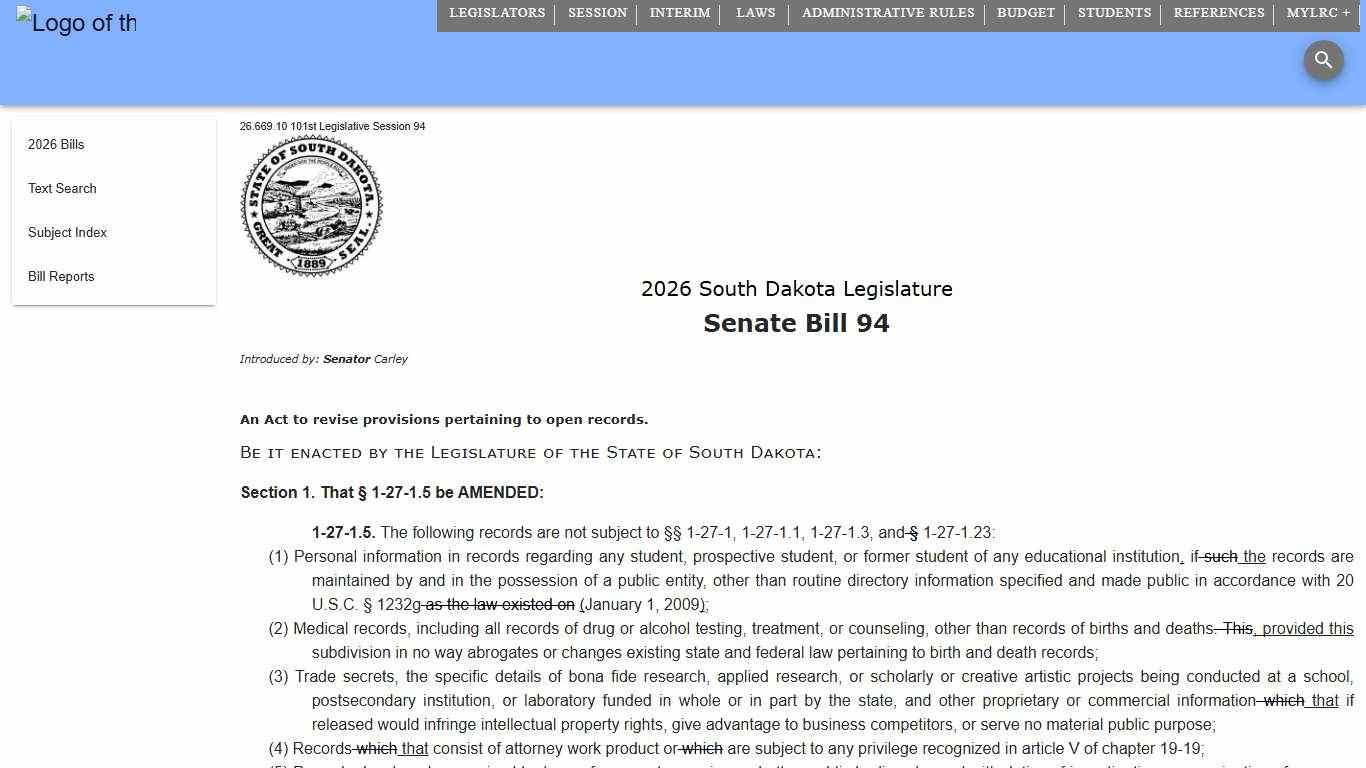 2026 Senate Bill 94 South Dakota Legislature